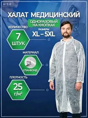 Халат медицинский на кнопках, 7шт, размер XL (110x130cм), рукав на резинке, цвет белый, плотн. 25 г/м2