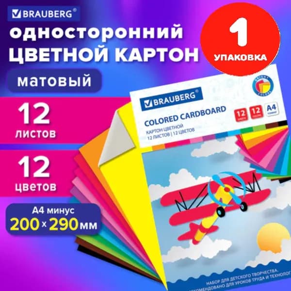 Картон цветной А4 немелованный, 12 листов 12 цветов, в папке, 200х290 мм (1 упаковка)