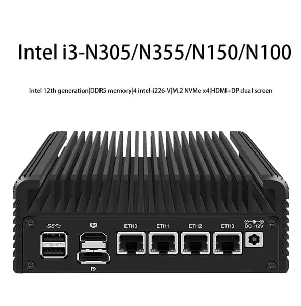 CWWK Мини-ПК Мини промышленный компьютер, RJ45 Intel i226-V2 2.5G*4+DP+HDMI (Intel Pentium Gold 8505, RAM Отсутствует, Intel UHD Graphics, Без ОС), N10A2E, черный