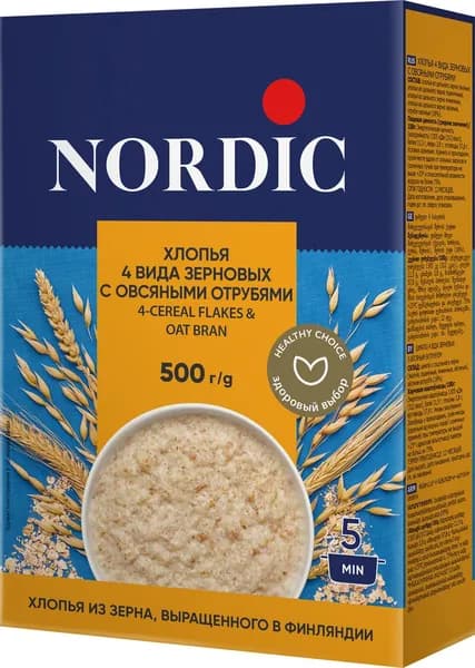 Хлопья Nordic 4-х зерновые с овсяными отрубями, 500 г