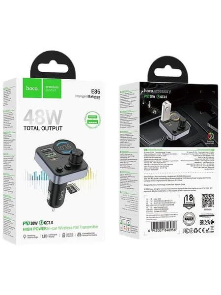FM модулятор (трансмиттер) Hoco E86, 48W, bluetooth, PD30W+QC3.0 (1C2A), TF card, цвет черный