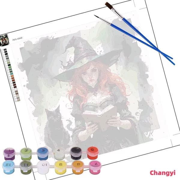 Цифровая раскраска Green Witch Grimoire с чёрной кошкой, 40 40 см, без рамки