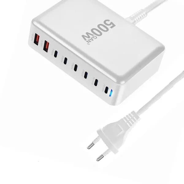 500W 8 Port Gans Chargers Станция быстрого зарядки 6 USB C 2 A Adapters PD, Белый - ЕС вилка