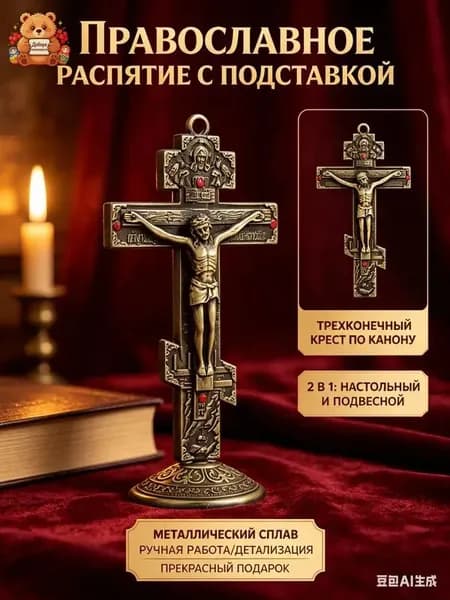 Крест православный настольный с подставкой "Распятие Христово", Металлический крестик на подставке для дома и авто - Религиозный сувенир с эмалью и стразами.