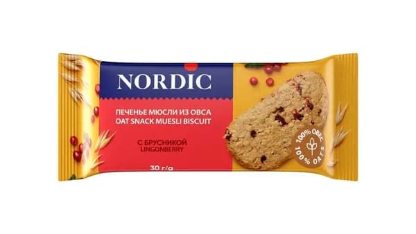 Печенье мюсли NORDIC из овса с БРУСНИКОЙ 30г
