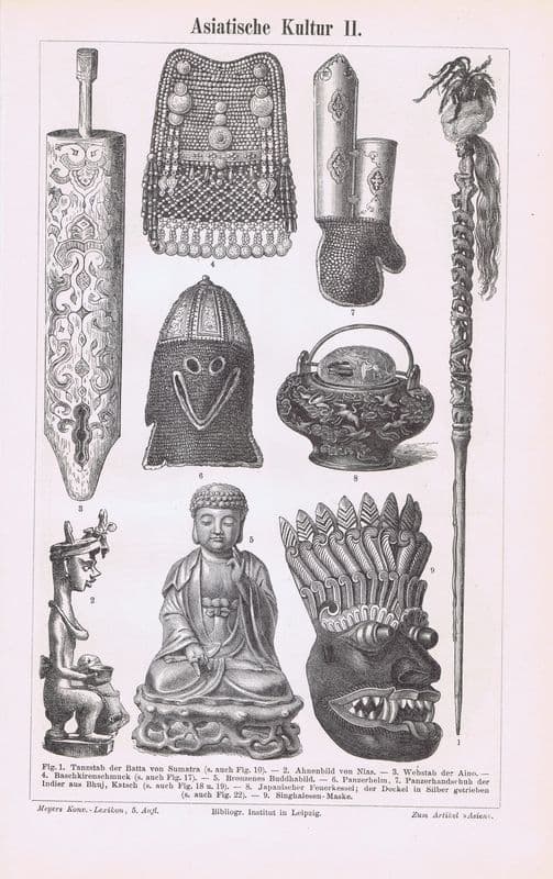 Азиатская культура. Антикварная двухсторонняя гравюра (ксилография). Германия, Лейпциг, 1896 год