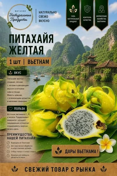 Питахайя желтая, 1 шт Вьетнам, дракон фрукт, сладкий, сочный, для смузи и десертов