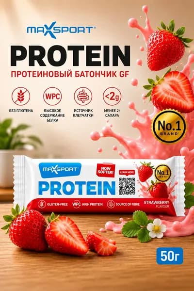 MaxSport протеиновый батончик GF клубника 50г
