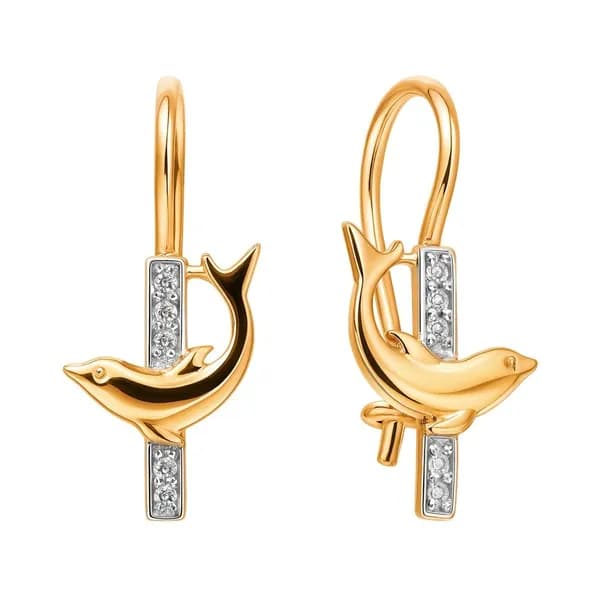 Серьги Дельфин детские с фианитами из красного золота 585 пробы 585GOLD