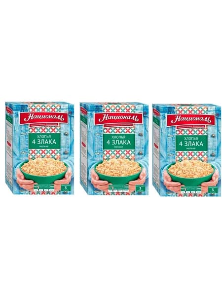 Националь Хлопья 4 злака, мелкие, 400 гр, 3 уп