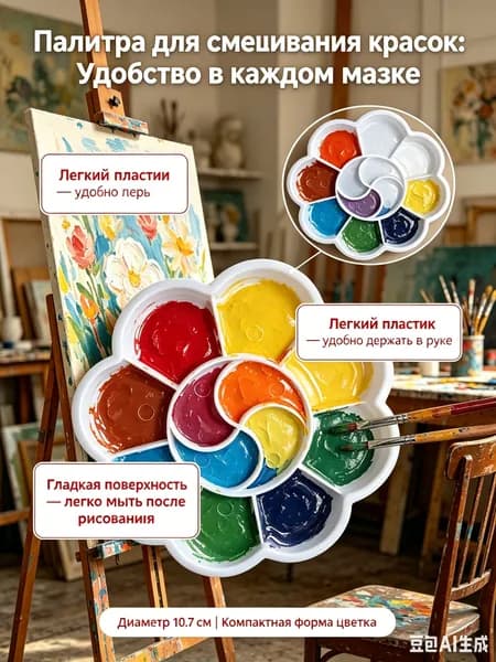 Палитра для рисования художественная, пластиковая, форма цветка, для смешивания красок, акварели и гуаши, 10.7 см