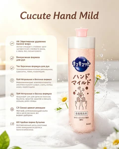 Kao Cucute Hand Mild, Мягкое средство для посуды с ароматом ромашки, 210 мл, бережное для рук, для всей семьи