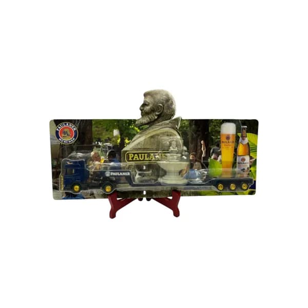 Игрушечная фура с прицепом и декоративным фонтаном 1/87 "Paulaner" винтажная, 25х4, Германия, 1990-2000 гг.