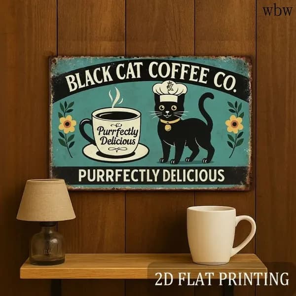 Табличка Винтажная табличка "BLACK CAT COFFEE CO." (черный кот-повар, чашка кофе), бирюзовый фон, 2D плоский, металл, декор для кофейни или кухни.