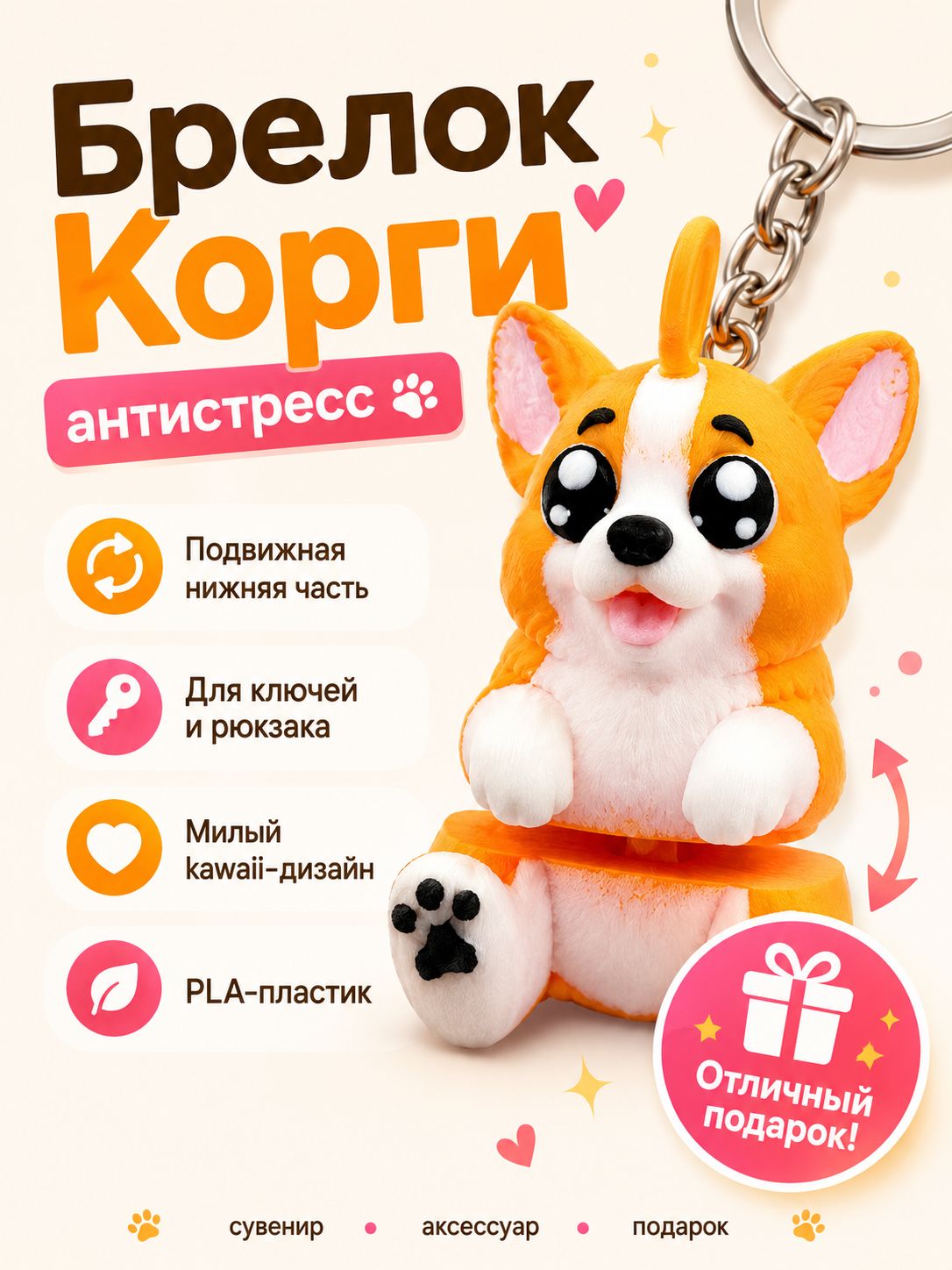 Брелок Корги 3D фигурка из PLA пластика, подвеска на ключи, рюкзак, сумку, с карабином в подарок, для мужчин и женщин