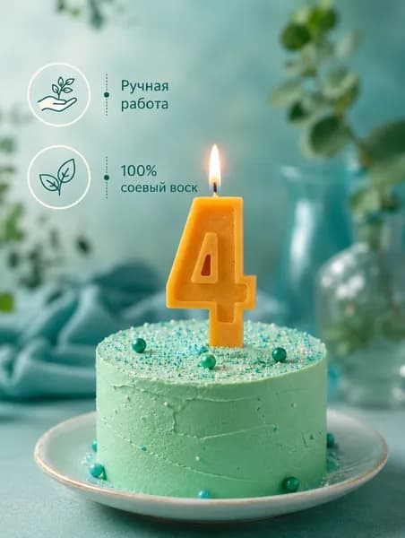 Свеча для торта Цифра "4", с шиммером, цвет жёлтый