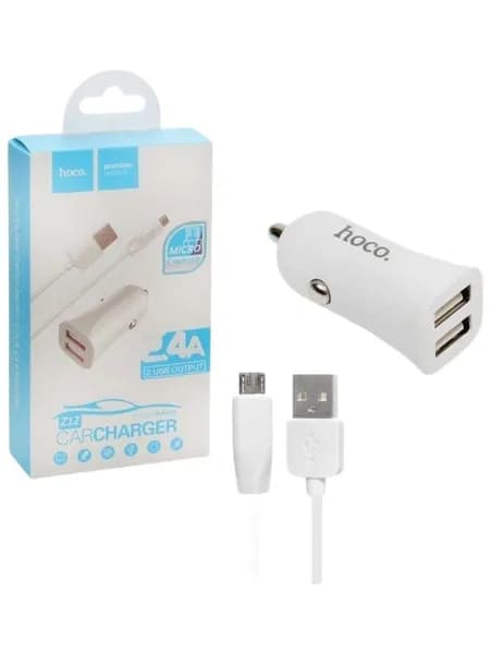 Автомобильное зарядное устройство Hoco Z12 2USB 2,4A, кабель usb micro, белый