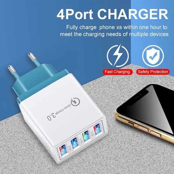 4-портовый USB-адаптер для зарядки с подсветкой, европейский стандарт, цвет небесно-голубой