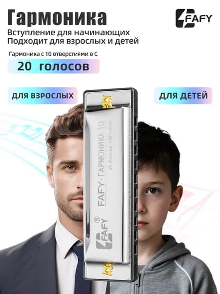 Губная гармошка диатоническая FAFY,10 отверстий,серебристая
