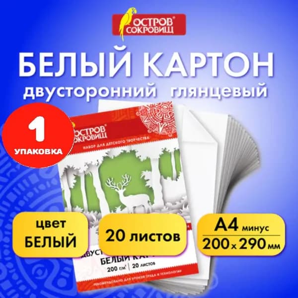Картон белый А4 МЕЛОВАННЫЙ (белый оборот), 20 листов, в папке, 200х290 мм (1 упаковка)