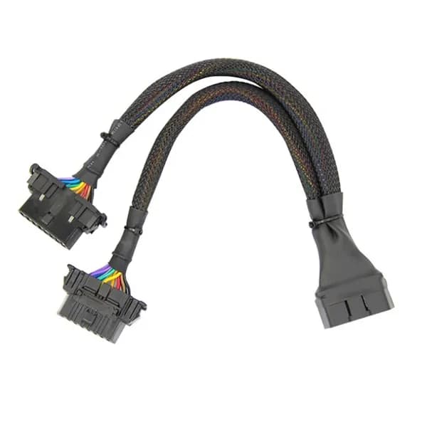 OBD2-адаптер Y обеспечивает подключение 16 контактов: OBD II , 1 штекер и 2 гнезда / удлинитель 30 см, плоский кабель.