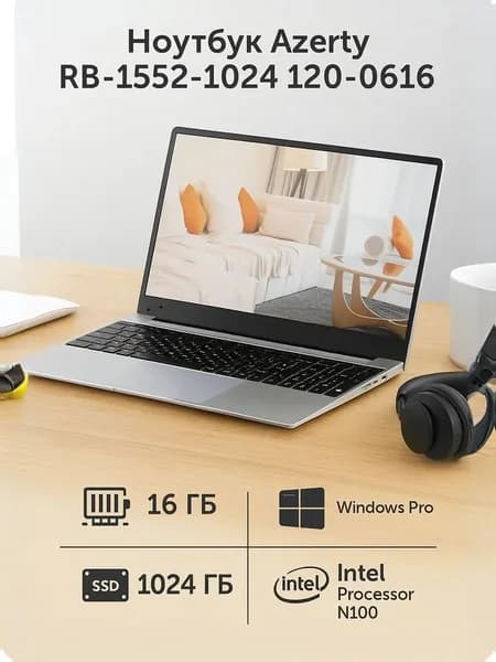 Azerty Ноутбук 15.6", Intel Processor N100, RAM 16 ГБ, SSD 1024 ГБ, Intel UHD Graphics, Windows Pro, серебристый, Русская раскладка
