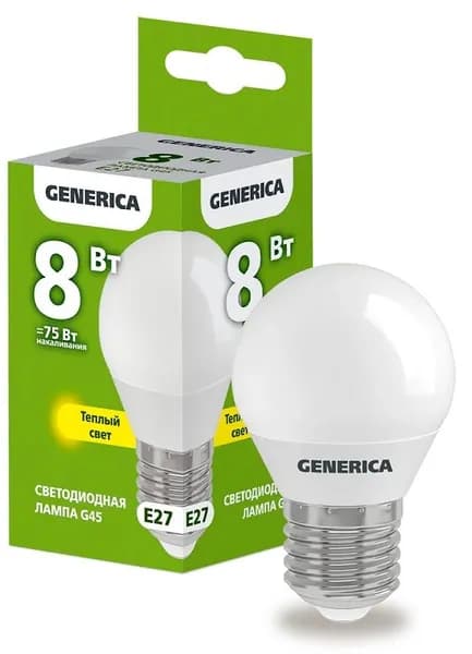 Лампа светодиодная IEK GENERICA Шар G45 E27, 8 Вт, 230В, 3000К / лампа в форме шара, теплый свет