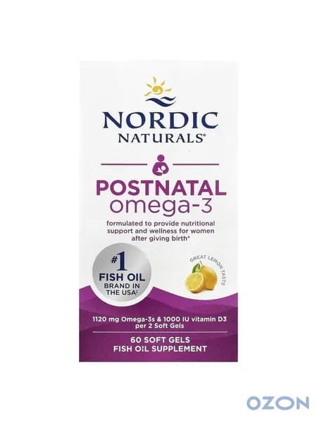 Nordic Naturals, омега-3 и D3 для послеродового периода, Postnatal Omega-3, вкус лимона, 1120 mg, 60 капсул