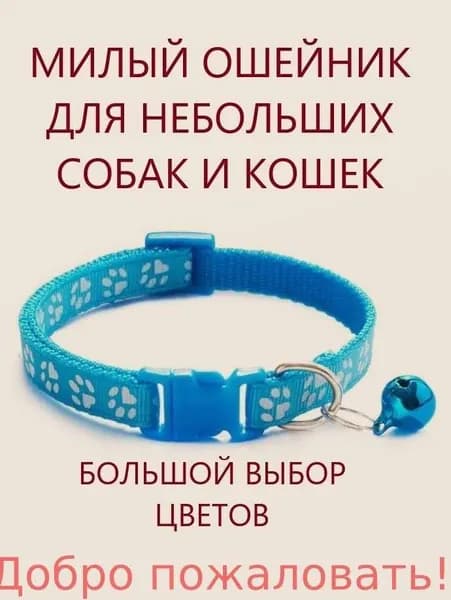 Ошейник для кошек и собак мелких пород с колокольчиком. Голубой.