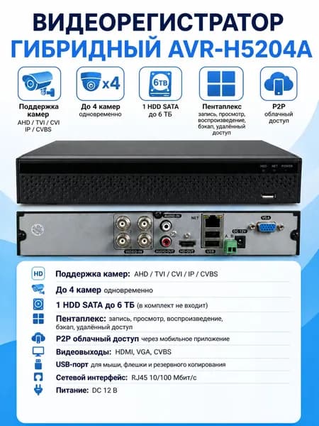 Видеорегистратор Гибридный AlfaVision AVR-H5204A 4х канальный аналоговый
