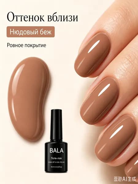 BALA Гель-лак Нюдовый беж 10 мл натуральный телесный оттенок, ровное покрытие без затеков, глянцевый блеск, полимеризация UV/LED, снятие жидкостью