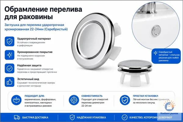 Обрамление перелива для раковины 22-24 мм хромированное, заглушка для умывальника серебристая, декоративная накладка на отверстие перелива, накладка раковины универсальная