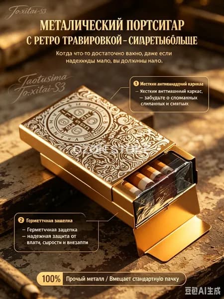 Портсигар металлический, футляр для сигарет золотой с ретро гравировкой - модель --, стильный защитный кейс хранения