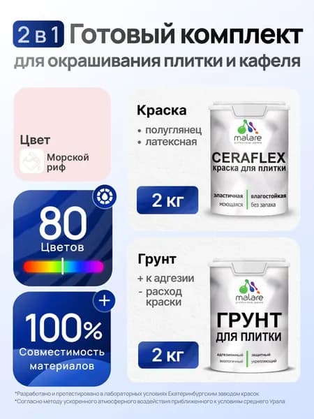 Комплект Malare LIPPO для окрашивания плитки и кафеля (2кг грунт + 2кг краска), акриловый, без запаха, быстросохнущий, полуглянцевый, цвет морской риф