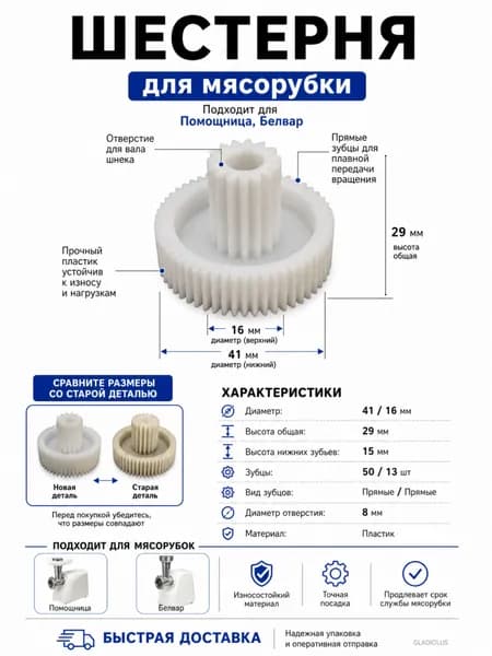 Шестерня, шестеренка для мясорубки Помощница, Белвар, 14.002-POM, 721624001