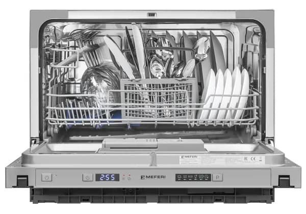 Компактная посудомоечная машина узкая встраиваемая MEFERI MDW4563 COMPACT POWER 45 см, на 6 комплектов, 3 корзины, защита от протечек, дозагрузка посуды, отсрочка, таймер
