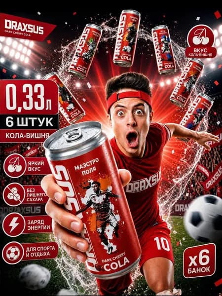 Газированный напиток DRAXSUS SODA кола-вишня х 6 банок