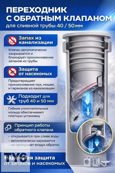Обратный клапан для канализации 40,50 мм под раковину, переходник для сифона и гофры, антизапах, защита от насекомых