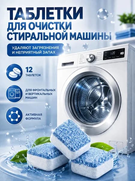 Таблетки для очистки стиральной машины от запаха, налета, грязи и накипи, очиститель барабана и бака, антизапах, антинакипь, 12 шт, для фронтальных и вертикальных машин