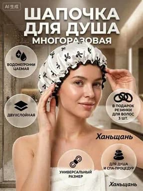 Шапочка для душа многоразовая ,двухслойная, женская, водонепроницаемая для душа, бани, сауны.