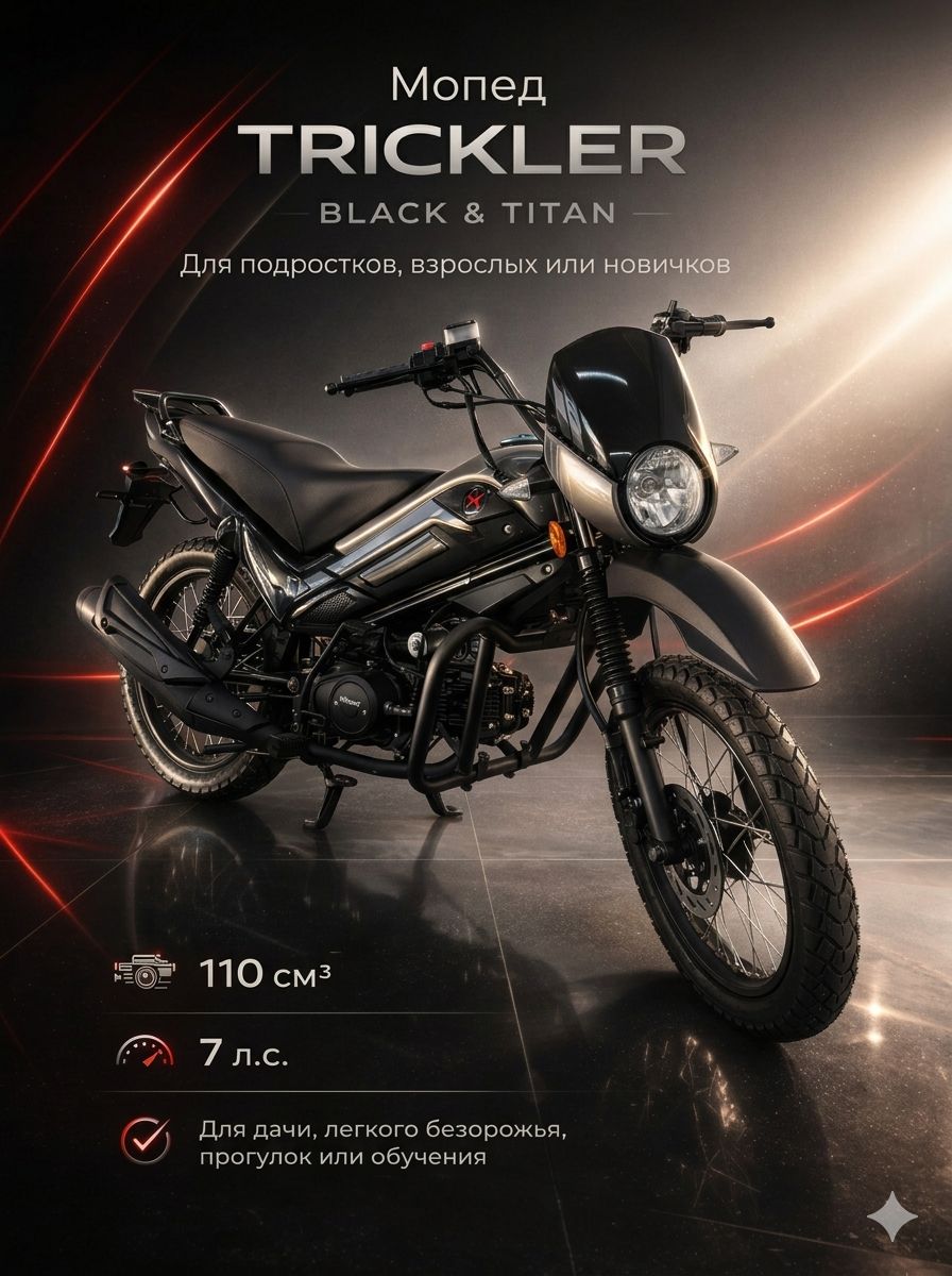Мопед TRICKLER BLACK & TITAN 110 см3 (49 см3), 7 л.с., механика 4 передачи, электростартер и кикстартер, для города, для села, для деревни, для взрослых бензиновый