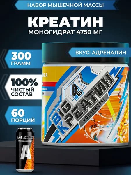 Креатин моногидрат BIGSNT BIG CREATINE порошок 300 грамм, 60 порций, для набора мышечной массы