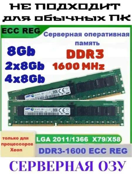 Оперативная память Серверная DDR3-1600 16Gb 2x8Gb REG ECC (подходит под Xeon LGA 2011) DDR3, 1600 МГц, 2 x 8 ГБ (1627313888)