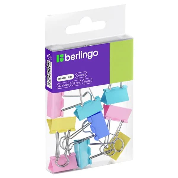 Зажимы для бумаг 19мм, Berlingo, 10шт., цветные, ПВХ упак., европодвес, ассорти пастель (BC1019e)