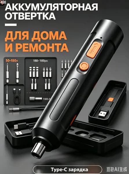Аккумуляторная отвертка беспроводная, набор бит 15 шт, Type-C зарядка, для дома, ремонта и сборки мебели