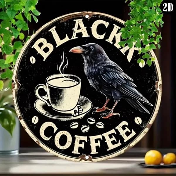 Табличка "Black Raven Coffee", винтажный кофейный стиль, металл, декор для кафе и кухни, 20х20 см.