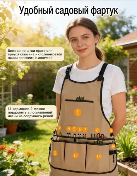 Садовый фартук с карманными инструментами, светло-коричневый, 1 шт