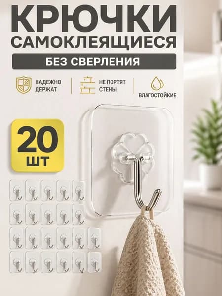 Крючки самоклеющиеся, 20 шт, для полотенец, одежды, кухни, ванной.