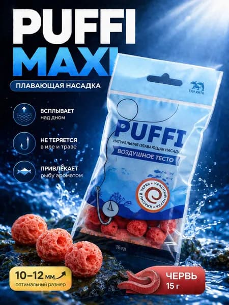 Воздушное тесто для рыбалки PUFFI MAXI, Красный червь, 15 г - плавающая насадка 10-12 мм для карася, карпа, леща