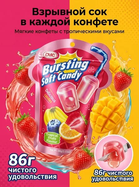 Жевательные конфеты DMC Soft Candy со вкусом тропических фруктов, мягкие и сочные, 86 г